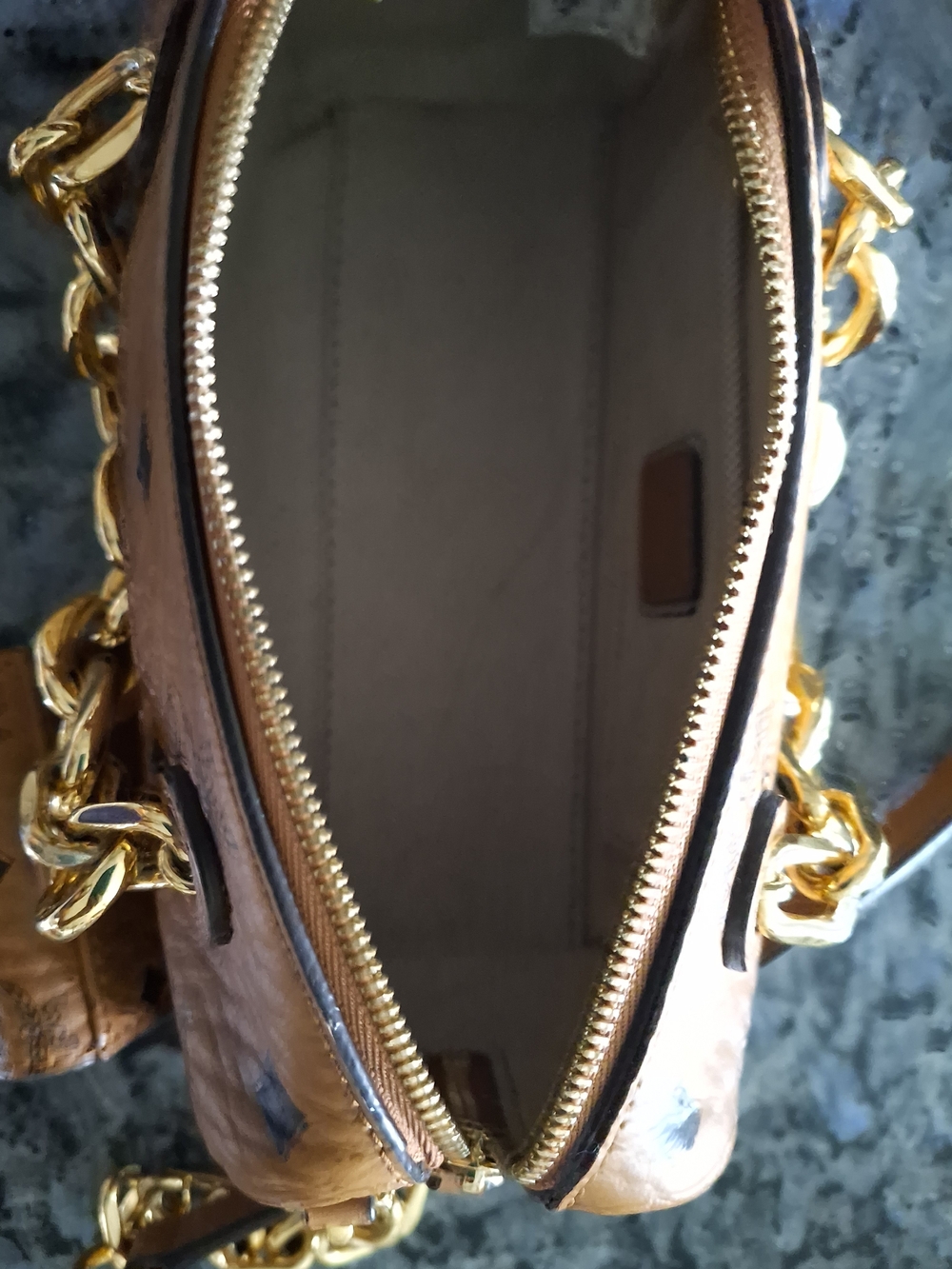 MCM Cognac Visetos Leather Chain Shoulder Bag, Small Coin Purse Attached - Picture 3 of 10